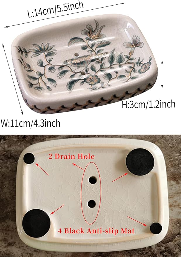 Ceramic Soap Dish, Ice Crack Ceramic Bird and Flower Pattern Soap Dish Holder for Bathroom, Creative Porcelain Shower Soap Tray Box Bath Accessories with Two Drain Holes