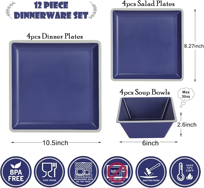Square Melamine Dinnerware Sets， Durable Square Dinner Plates and Bowls Set,12-Piece Set Non-breakable Lightweight Dinner Tableware Sets, Service for 4