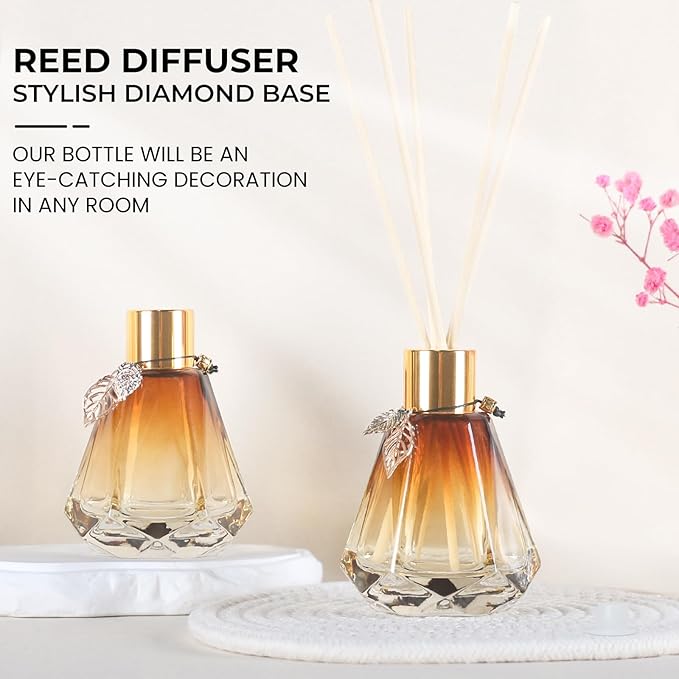 6PCS Reed Diffuser, Reed Diffuser Empty Bottles with 6PCS Delicate Gold Leaf Decor DIY, Glass Fragrance Diffuser Set with lids for Home, Bathroom, Refillable, Diamond Style Gold