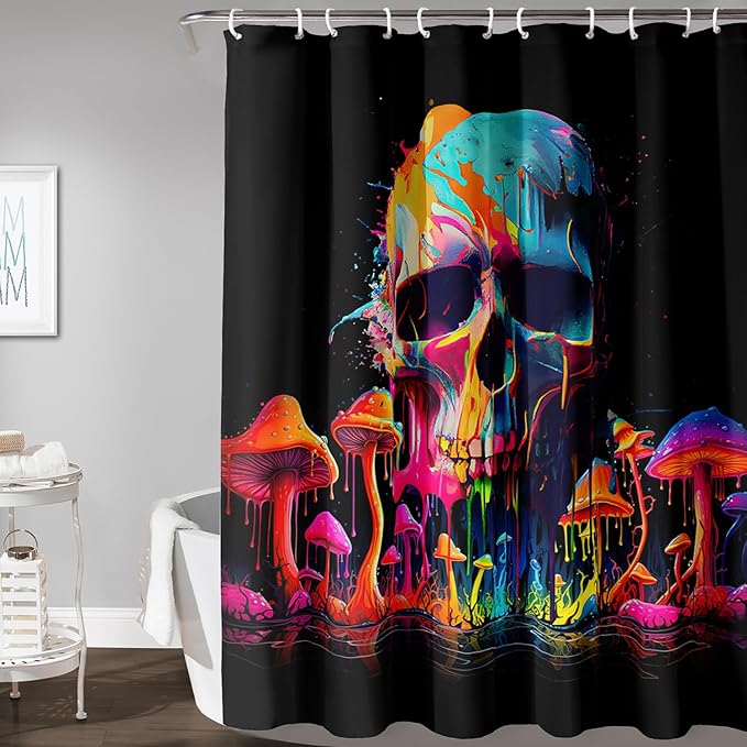 AILONEN Mushroom Skull Shower Curtain for Bathroom, 3D Oil Painting Mushroom Skull Bath Curtain for Kids Boys Girls,Modern Abstract Print Waterproof Black Curtain with 12 Plastic Hooks, 60" W*72" H