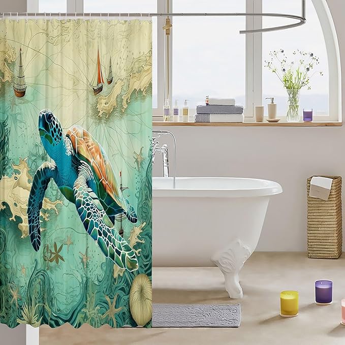 Feelyou Sea Turtle Shower Curtain 72"x78" Kids Sailboat Printed Bathroom Shower Curtain Set for Boys Girls Teens Ocean Themed Bath Curtain Marine Life Sealife Bathroom Accessories