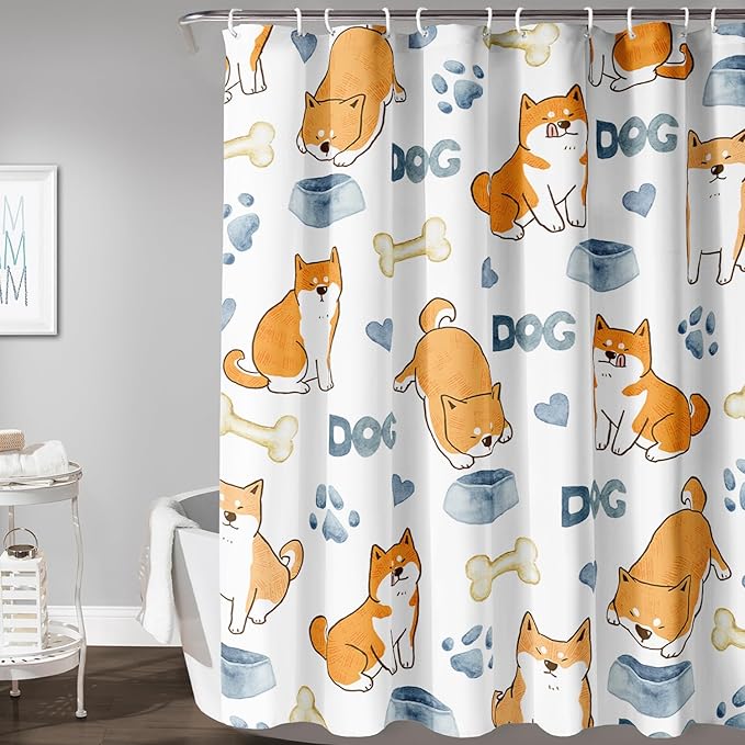 AILONEN Cute Dog Shower Curtain, Cartoon Shiba Inu Dog Bath Curtain,Pet Dog Paw Print Dog Lover Minimalist White Waterproof Curtain with 12 Plastic Hooks(36" W*72" H)
