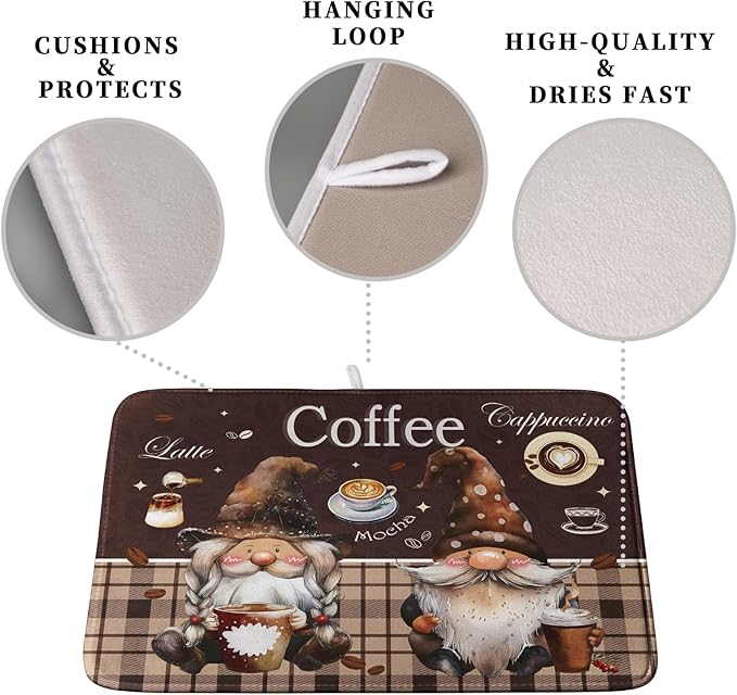 Coffee Gnomes Kitchen Dish Drying Mat for Dishes 16x18 Inch,Coffee Maker Mats for Tabletop,Brown Buffalo Plaid Mocha Coffee Cup Dishes Drainer Mats Super Absorbent Dish Rack Pad for Bar Sinks Counter