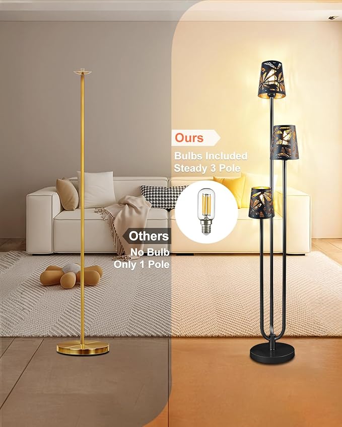 63IN Floor Lamp with Metal Shade, Unique 3 Black Poles Tall Standing Lamps, 3000K Warmwhite Mid Century Modern Floor Lamp for Living Room Home Office(Bulbs Included)
