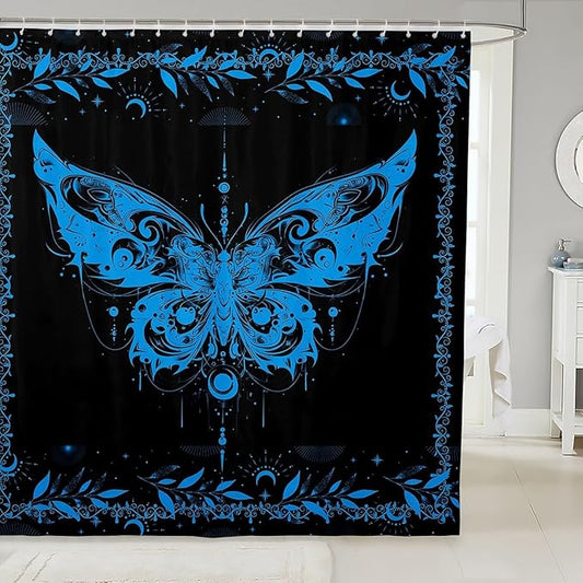 Feelyou Boho Blue Butterfly Bathroom Waterproof Accessories with 12 Hooks Bohemian Moth Shower Curtain for Kids Boys Girls Moon Galaxy Fabric Shower Curtain Black and Blue Curtains,72X78 Inches