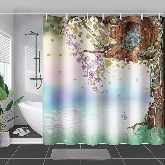 AILONEN Yellow Tree Leaves Shower Curtain,Botanical Floral Plants Vine Shower Curtain,Butterfly Floral Shower Curtain for Bathroom Decor Polyester Waterproof with Grommets and Hooks 48" W*72" H