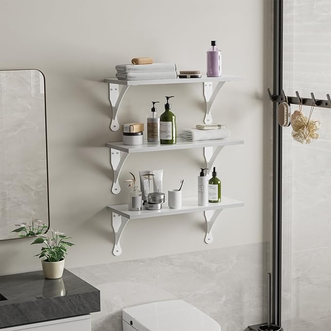Wood Floating Shelves Set of 3, Wide Display Shelf Wall Mounted with Brackets, Easy Hanging Floating Shelves for Bedroom, Kitchen, Living Room, Bathroom (White)