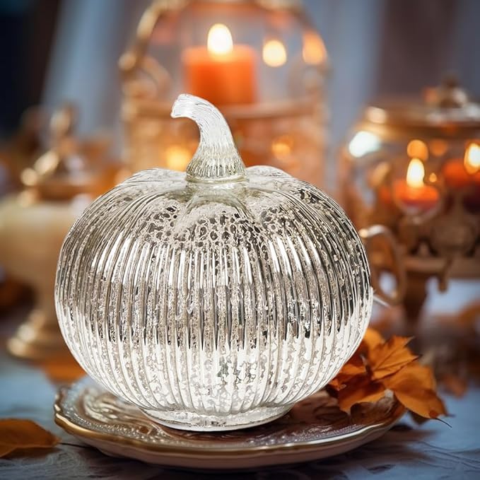 Mercury Glass Light up Pumpkin with Timer- Fall Decoration for Home-Lamps for Festive Decoration-Thanksgiving Pumpkin Decoration (Silver)
