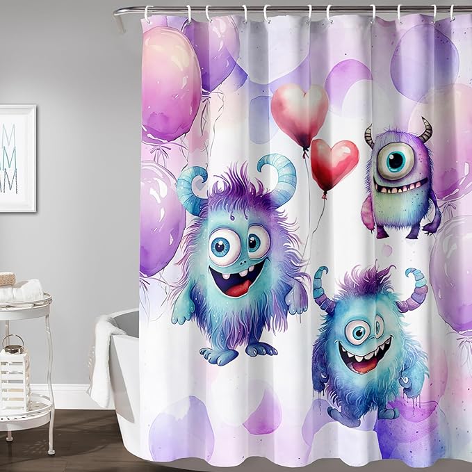 AILONEN Monster Shower Curtain for Bathroom, Cute Monster Purple Balloon Printed Bath Curtain,Women Girls Kids Minimalist Waterproof Fabric Shower Curtain Set with Hooks 72" W*78" H