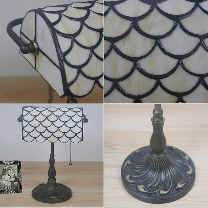 Tiffany Style Bankers Table Lamp Stained Glass Piano Desk Lamp Vintage Bedroom Bedside Lamp for Study,Antique Alloy Base,Zipper Switch,Green d