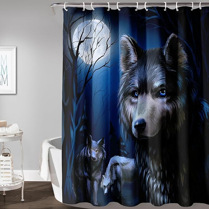 AILONEN Cool Wolf Shower Curtain,Evening Moon Wolf Bath Curtain for Bathroom Decor,Polyester Waterproof for Shower,60" W*72" H with 12 Plastic Hooks