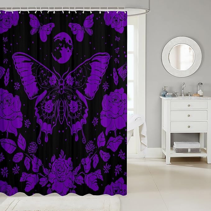 Feelyou Purple Butterfly Fabric Shower Curtain Cover Botanical Floral Shower Curtain for Kids Boys Girls Butterflies Bathroom Waterproof Accessories with 12 Hooks Flying Curtains,72x84 Inches