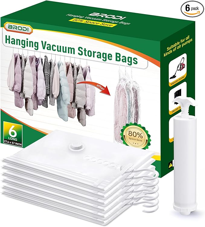 Hanging Vacuum Storage Bags For Clothes With Hand Pump,Coat Storage Bag Hanging,Vacuum Bags For Clothes,Space Saver Vacuum Storage Bags,Garment, Clothing, Dress, Suit, Long Coat, Jacket(Long 6 Pack）