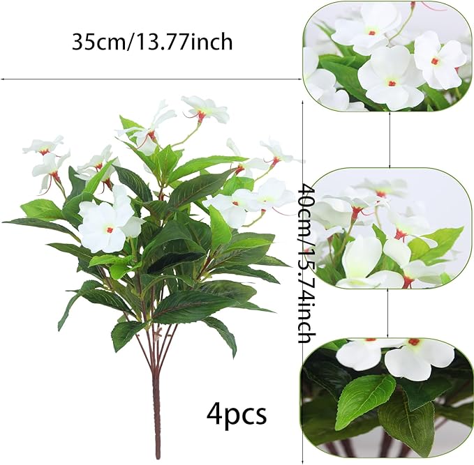 4 Pcs Artificial Flowers Outdoor Impatiens UV Resistant Silk Impatiens Flowers White Faux Flowers Impatiens Bushes Artificial Impatiens for Pot Patio Lawn Garden Hanging Basket Porch Decor