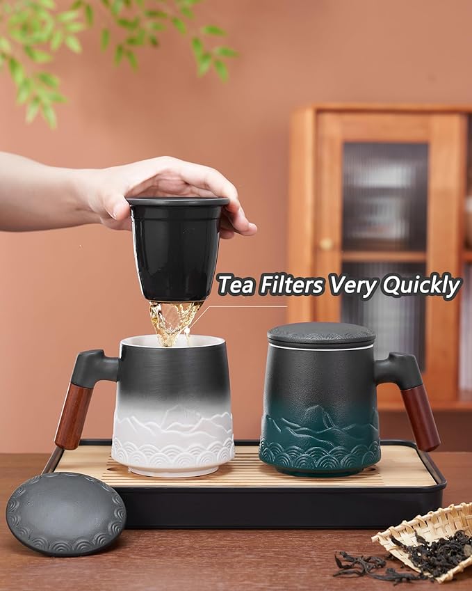 ZENS Mug With Infuser and Lid for Loose Leaf Steeper, 16.9oz Embossed Ceramic Cup With Fine Strainers, Wood Handle Large Diffusers, Tea Accessories for Lovers Gifts