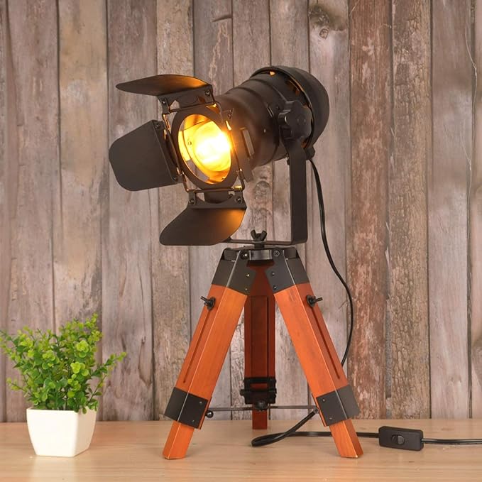 Modern Industrial Vintage Tripod Floor Table Lamp - Metal Wooden Nautical Cinema Standing Searchlight - Reading Light for Living Room Movie Theatre Decoration Adjustable Height (excluding Bulb)