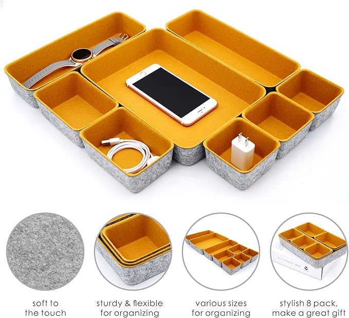 Welaxy desk drawer organizers tray dividers small shallow felt storage box for office suppliers entryway catchall key holder makeup crafts pens decluttering 8-piece back to school (Curry)