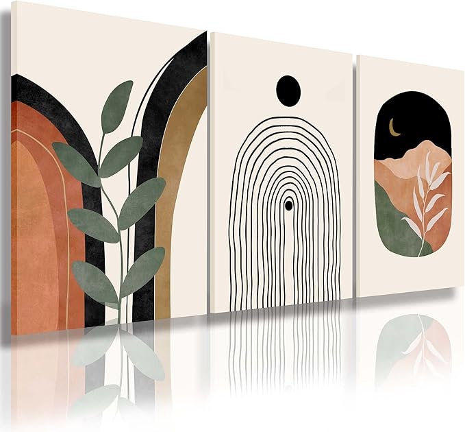Boho Wall Art Prints Set of 3, Neutral Abstract Geometric Canvas Artwork for Bedroom, Bathroom, Living Room, Office (12x16 Inch x 3 Pieces)