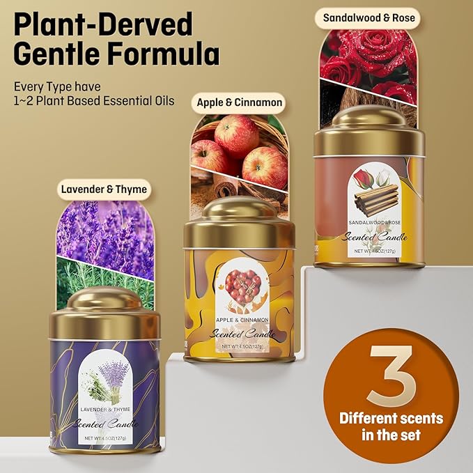 3-Pack Aromatherapy Candle Set - Lavender & Thyme, Apple & Cinnamon, Sandalwood & Rose Scented Candles 4.5oz Each | 25+ Hour Relaxing Long-Lasting Burn | Soy Candles for Home, Gifts & Christmas