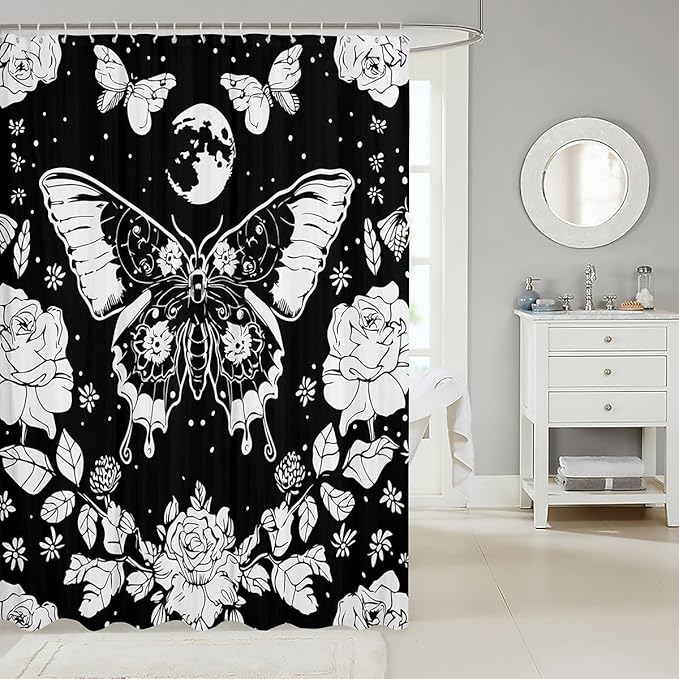 Feelyou Moon Butterfly Shower Curtain Bohemian Moth Fabric Curtain Kids Boys Girls Galaxy Floral Botanical Bathroom Waterproof Accessories with 12 Hooks Boho Exotic Style Black Curtains,72x72 Inches