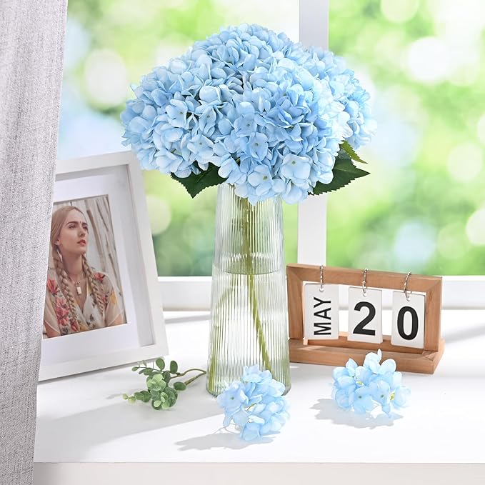 BLEUM CADE 8 Pcs Blue Hydrangea Artificial Flowers with Realistic Stems, 18In Large Fake Blue Flowers, Faux Flower for Home Party Decor Outdoor Wedding Bouquets Table Centerpieces Decoration
