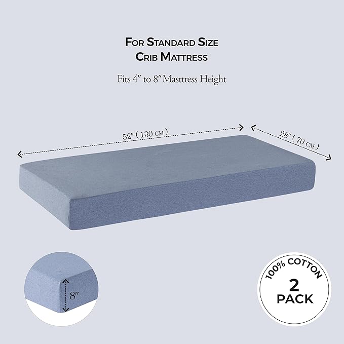 Baby Crib Fitted Sheet, 100% Cotton Knitted Jersey, Fit Standard Crib Mattresses, Fitted Crib Sheets, Super Soft, Toddler Fitted Sheet, Unisex, 2 Pack, Sky Blue,Animal, 28"x52"x9"'