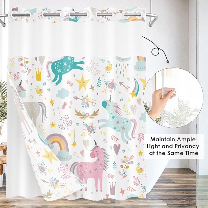 Unicorns Rainbow Cute No Hook Shower Curtain with Snap in Liner, Cloud Fun Girl Kids Colorful Bath Curtain with Double Layers Waterproof Fabric and Mesh Top Window 71x74 Inch