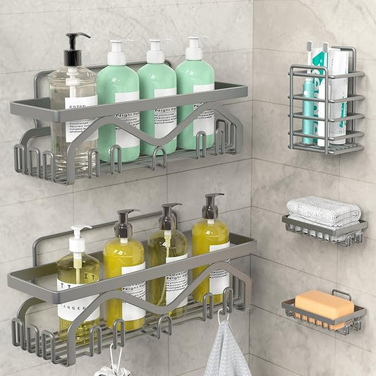 Coraje Shower Caddy, Shower Shelves [5-Pack], Adhesive Shower Organizer No Drilling, Large Capacity, Rustproof Bathroom Shower Organizer, Shower Shelf for Inside Shower (Grey)