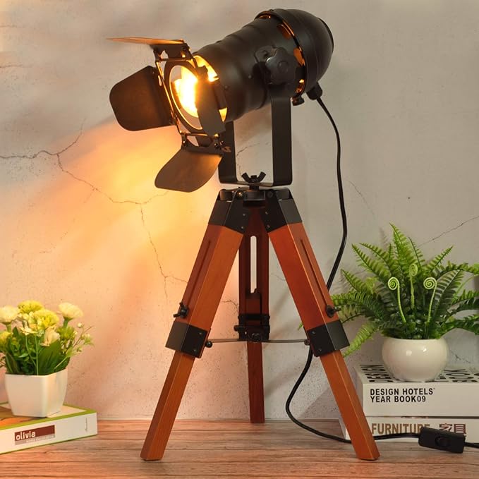 Industrial Tripod Wood Table Lamp for Bedside, Farmhouse Adjustable Height Retro Desk Lamp for Living Room Rotataion Vintage E26 Standing Lighting for Bedroom