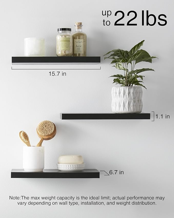 BAYKA Floating Shelves for Wall, Wall Mounted Rustic Wood Shelves for Bathroom, Bedroom, Living Room, Kitchen, Hanging Shelf for Books/Storage/Room Decor with 22lbs Capacity (Black, Set of 3, 15.7in)