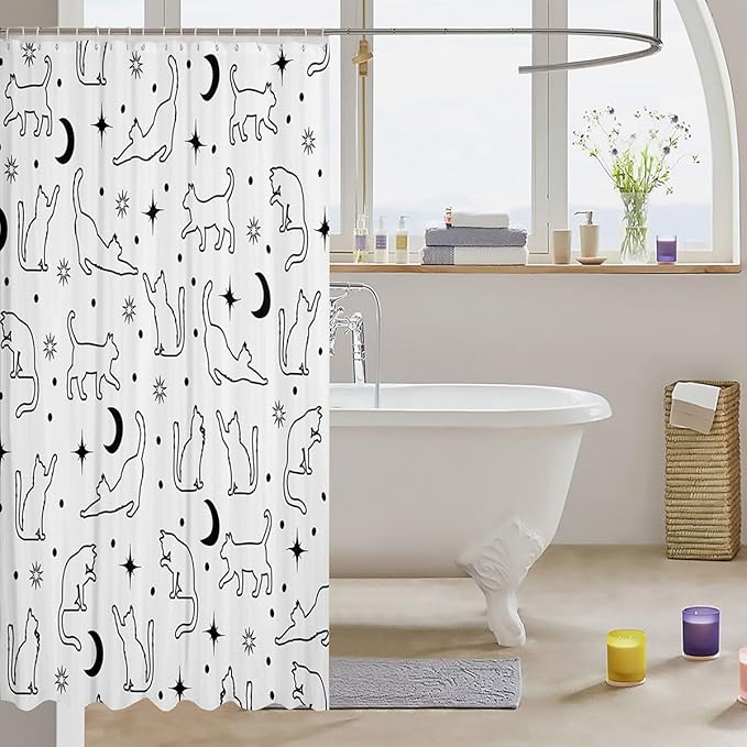 Cartoon Cat Silhouettes Kids Shower Curtains,Sun Moon Starry Sky Trippy Bathroom Curtains for Girls Boys,Cute Cats Hand-painted Boho Black White Waterproof Curtains,12 Hooks Suits,72"W x 72"L