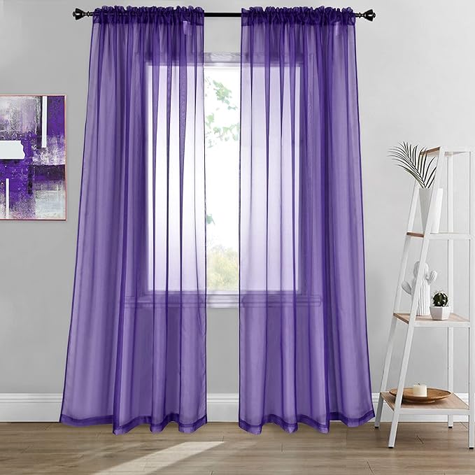 DONREN 2 Panels Solid Color Dark Purple Sheer Curtains Elegant Rod Pocket Window Voile Panels Drapes for Bedroom Living Room (52X84 Inches)