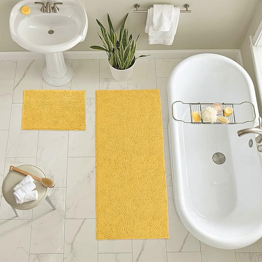 LuxUrux 2-Piece Bathroom Rug Set - Ultra-Plush Chenille Mats, Includes Runner Rug, Soft, Absorbent, Non-Slip & Stylish (27x47 & 16x24 inches, Yellow)