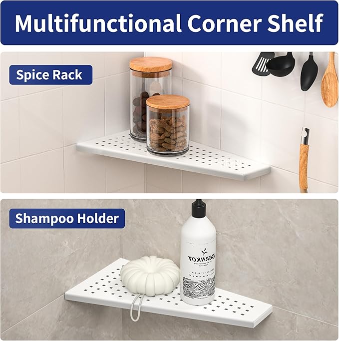 Corner Shower Shelf, 12" Trapezoid Bathroom Shelf 304 Stainless Steel Grout in Shelf for Tiled Wall, No Drilling Needed (White, 12"-2 Pack)