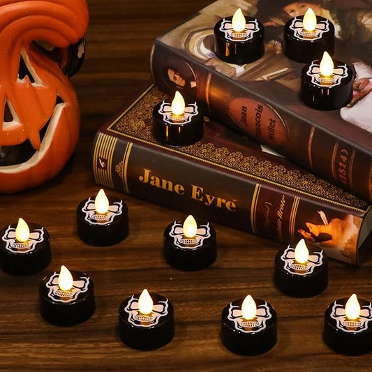 DRomance Halloween Flameless Votive Candles Battery Operated with 6H Timer, 12 Pack Black Spooky Skull Decal LED Flickering Pumpkin Tea Lights Candles Fall Indoor Decoration(1.5" D x 1.4" H)