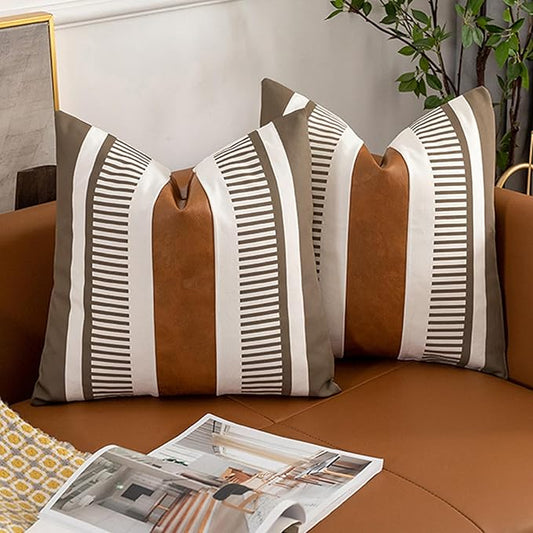 Set of 2 Decorative Throw Pillow Covers 16x16 Rustic Farmhouse Stripe Pillow Cover for Couch Bed Chair Faux Leather Accent Cushion Cover Square Pillowcase 40x40cm Boho Decor