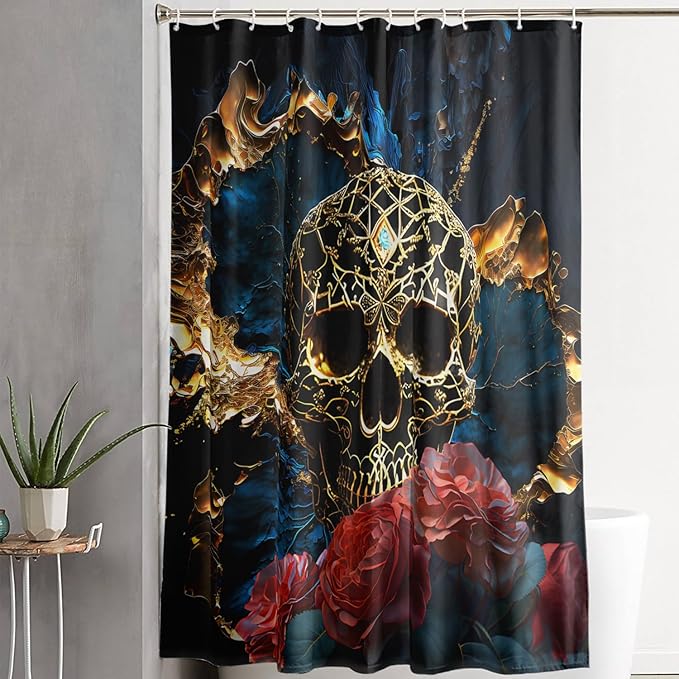 AILONEN 3D Skull Shower Curtain,Oil Ren Rose with Gold Skull Skeleton Design Shower Curtain Set with Hooks for Boys Girls Teens,Gothic Skull Waterproof Fabric Shower Curtain for Bathroom,72" W*96" H