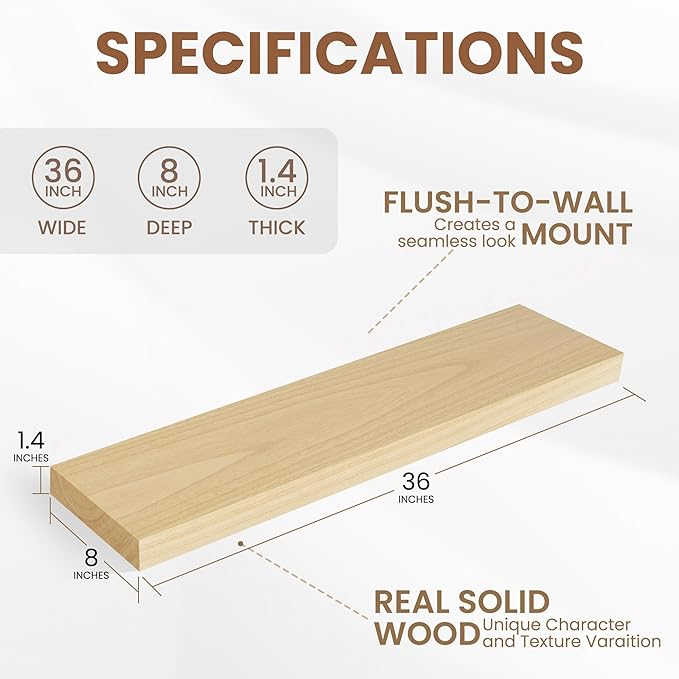 Fun Memories Rustic Real Wood Floating Shelves, 8 Inch Deep Floating Shelf Wall Mounted, 36" W x 8" D Wall Shelves Storage Shelves for Living Room, Bedroom, Bathroom, Natural Finish, Set of 2
