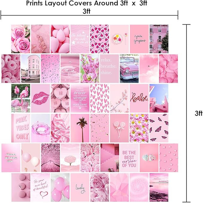 WOONKIT Pink Aesthetic Pictures, Collage Kit for Wall, Pink Room Wall Bedroom Dorm Decor, Room Decor for Teen Girls, Trendy 50pcs 4x6 inch