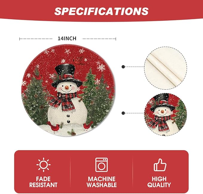 Artoid Mode Snowman Trees Snowflakes Christmas Round Placemats Set of 4, 14 Inch Winter Round Table Mats for Dining Decoration