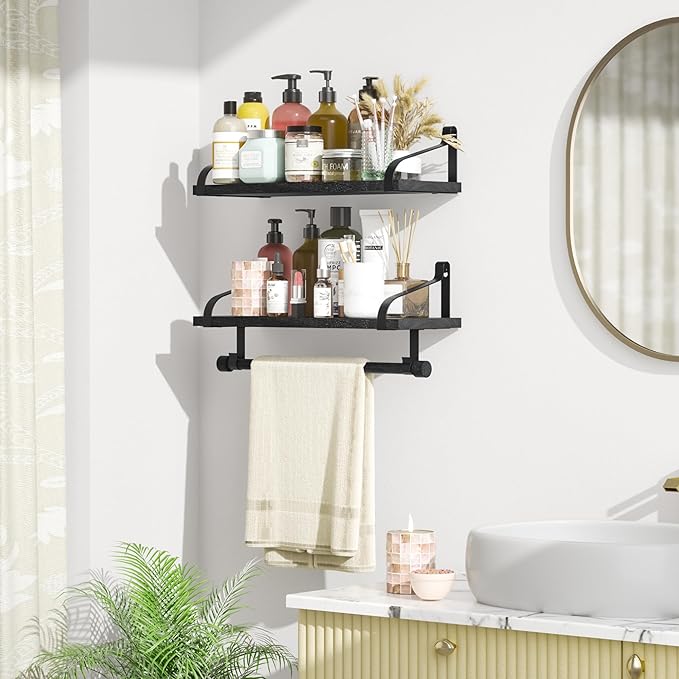 Love-KANKEI Floating Shelves for Coffee Bar,Bathroom Shelves with Towel Bar, Wall Shelves with 8 Hooks for Kitchen, Storage Shelf Set of 2 for Bedroom,Living Room，17.3 Inch Black