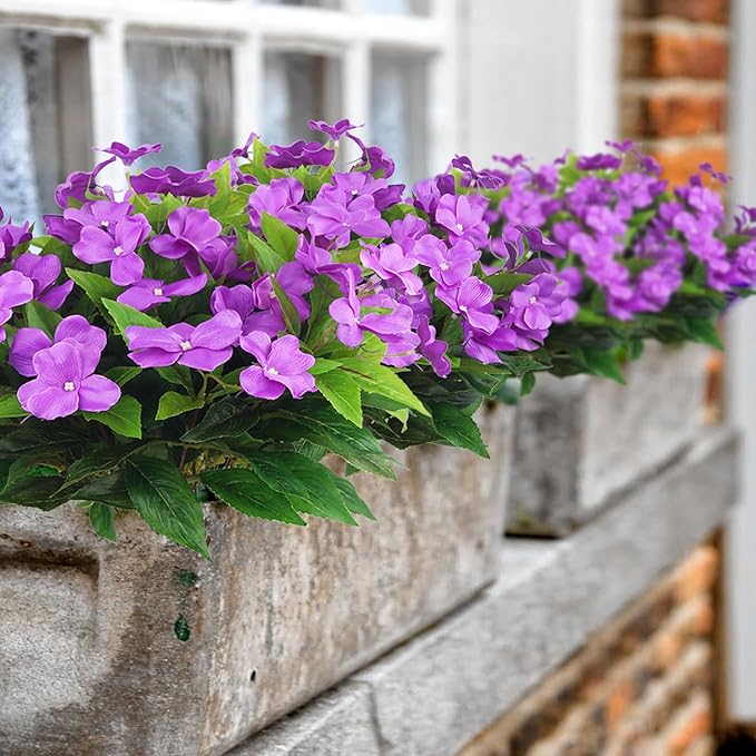 4 Pcs Artificial Flowers Outdoor Impatiens UV Resistant Silk Impatiens Flowers Purple Faux Flowers Impatiens Bushes Artificial Impatiens for Pot Patio Lawn Garden Hanging Basket Porch Decor