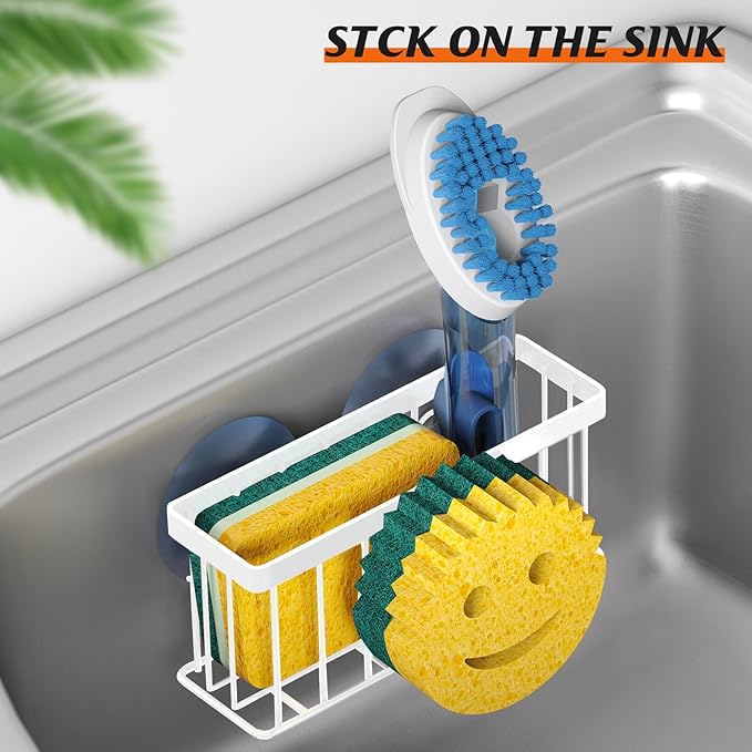 Sponge Holder Smiley Face, Sink Organizer with 2 Suction Cups/1 Adhesive Strips, Designed for Sponge, Soap, Dish Brush, Scrubber - White