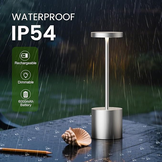 SAKRINGT Outdoor Table Lamp,LED Table Light,Cordless Table Lamp Rechargeable,5000mAh Battery Powered Dimming Desk Lamp for Restaurant/Patio/Outdoor(Silver)