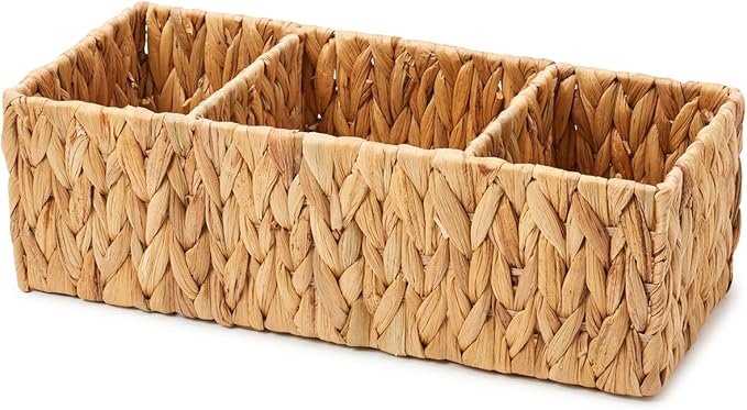 EZOWare 3 Section Natural Water Hyacinth Storage Baskets, Woven Wicker Divided Organizer Bin for Organizing Bathroom, Toilet Tank Top, Vanity Countertop, Kitchen Pantry - Set of 2