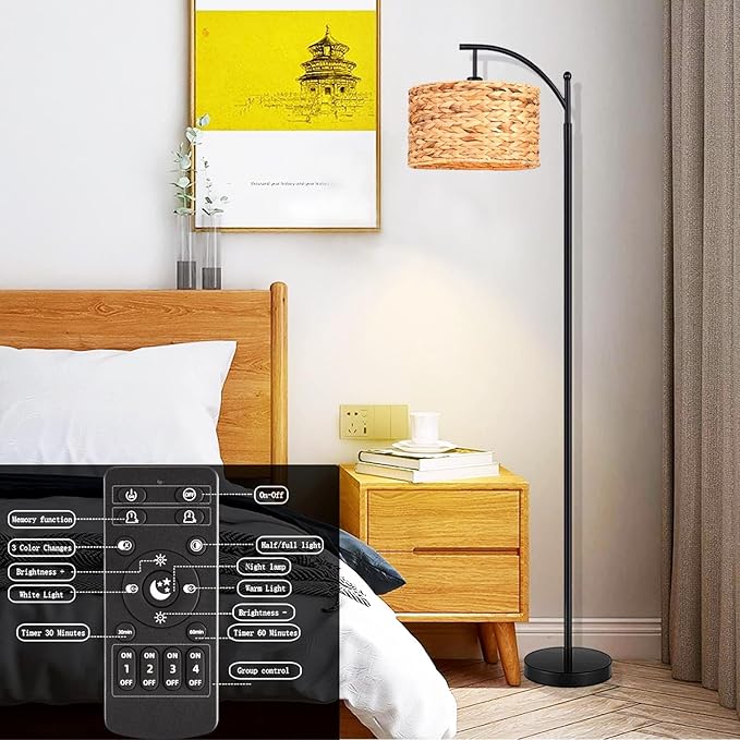 Floor Lamp for Living Room Bedroom Rattan Boho Arc Standing Lamp with Remote Dimmable Black Wicker Bamboo Lamp Shade Floor Light Adjustable Tall Lamp Farmhouse Industrial Floor Lamps Bohemian