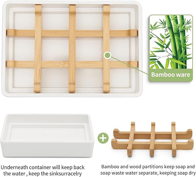 Bamboo Soap Dishes for Shower Wooden Soap Bar Holder for Bathroom Soap Tray Easy to Clean, Durable and with Non-Slip Pads(Two White Squares)