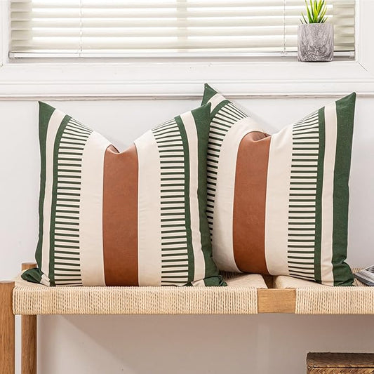 Decorative Farmhouse Throw Pillow Covers 18x18 Accent Faux Leather Pillowcase Rustic Boho Decor,Olive Green and Beige (Cover ONLY, Pack of 2)