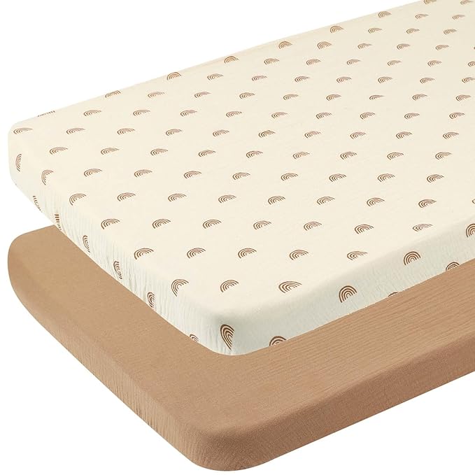 Muslin Pack and Play Sheets 30" x 43" Compatible with 4moms Breeze Plus Playard & Breeze Go Playard and Other Large Playpen Mattress, 100% Cotton 2 Pack, Natural and Rainbow
