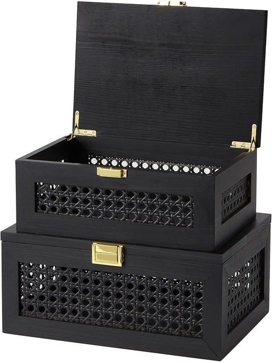 2PCS Decorative Rattan Storage Boxes Solid Wood Baskets Bins with Lid Keepsake Memory Jewelry Box Natural Boho Shelf Wicker Closet Desk Organizer Container (Black, 1 Large 1 Small)